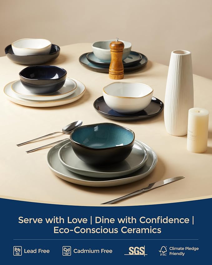 Extra Large Dinnerware Set for 12, 36 Pieces Ceramic Plates and Bowls Set, Kitchen Dish Set, Microwave & Dishwasher Safe Dishware, Ocean-Inspired Stoneware for Big Gatherings, Starry Blue