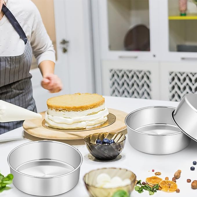 P&P CHEF 8 Inch Cake Pans Set, 4Pcs Stainless Steel Round Baking Pan | Round Layer Cake Tins for Birthday Wedding, Non Toxic & Heavy Duty, 3 Inch Deep Side & Mirror Finish, Oven & Dishwasher Safe