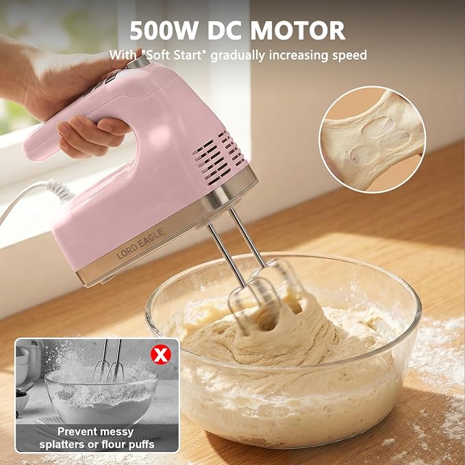 Lord Eagle 9-Speed Digital Hand Mixer Electric Handheld, 500W DC Motor | Kitchen Mixer for Cake Baking, Lightweight Egg Beaters with Stain-resistant & Waterproof Storage Bag & 6 Accessories, Pink