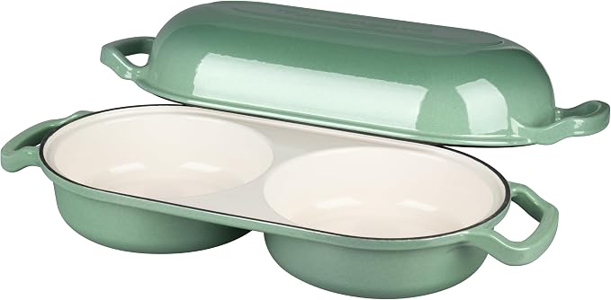 Enameled Cast Iron Double Dutch Oven with Lid, Dual Round Loaf Pan, Bread pan for Homemade Sourdough Bread Baking, Sage green
