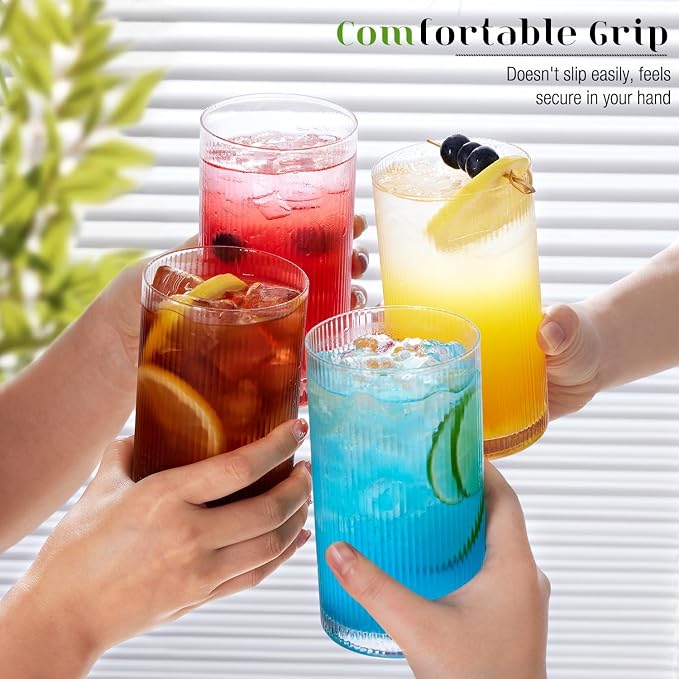 Drinking Water Glass Cups Set,Crystal Clear ribbed Glass set of 8,17oz&12oz | Unique Design Vintage Cocktail Glass, Tall Glass Cups Ideal for Ice Coffee Cup, Whiskey, Mixed Drinkware