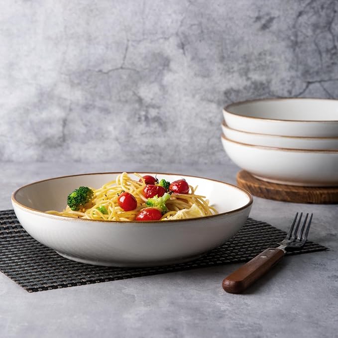 AmorArc 8.5’’ Ceramic Pasta Bowls Set of 4, 36oz Large Stoneware Bowls Set | Large Dinner Serving Bowls Set, Wide Bowl Plate for Pasta,Salad, Soup, Microwave Safe, Reactive Glaze-Pearl White