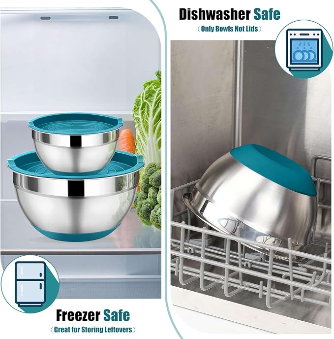 P&P CHEF Mixing Bowls with Lid Set, Nesting Bowl for Storing, Blue | 5 Piece Stainless Steel Salad Mixing Bowls for Prepping, 3 Grater Attachments & Non-Slip Bottoms, Size 1/1.5/2 / 2.6/4.6 QT