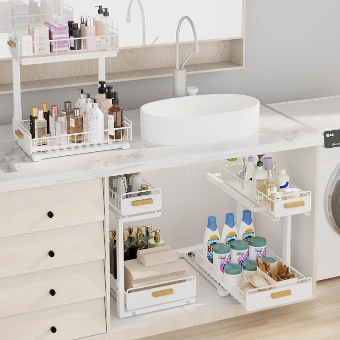 2 Pack Under Sink Organizer with Ball Bearing Sliding Drawer, Heavy Duty Pull Out Cabinet Organizer, 2 Tier Adjustable Storage Rack for Kitchen Bathroom, Space Saving Design, White