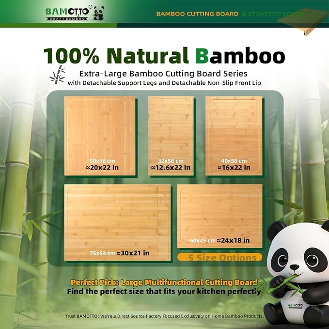BAMOTTO CRAFTBAMBOO 20 x 22 Inch Large Bamboo Cutting Board — Stovetop Cover, Over the Sink Board, Noodle Board with Detachable Legs & Non-Slip Lip, Juice Groove for Kitchen Countertop