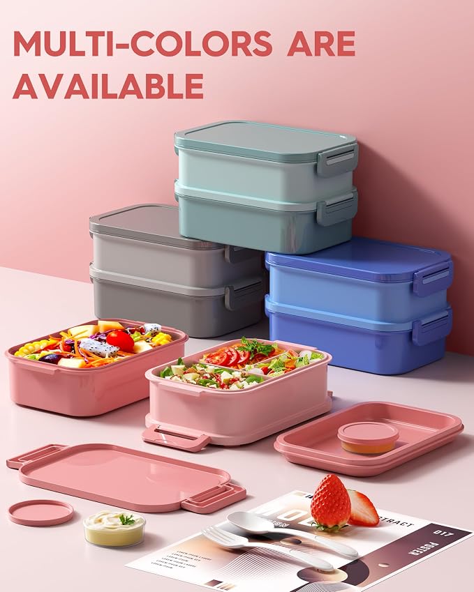 Adults Bento Lunch Box Set with Thermo Bag, 74oz Stackable Leak-proof 3-tiers Bento Box, Built-in Utensil and Sauce Container for Work, School, Dining Out (Pink)