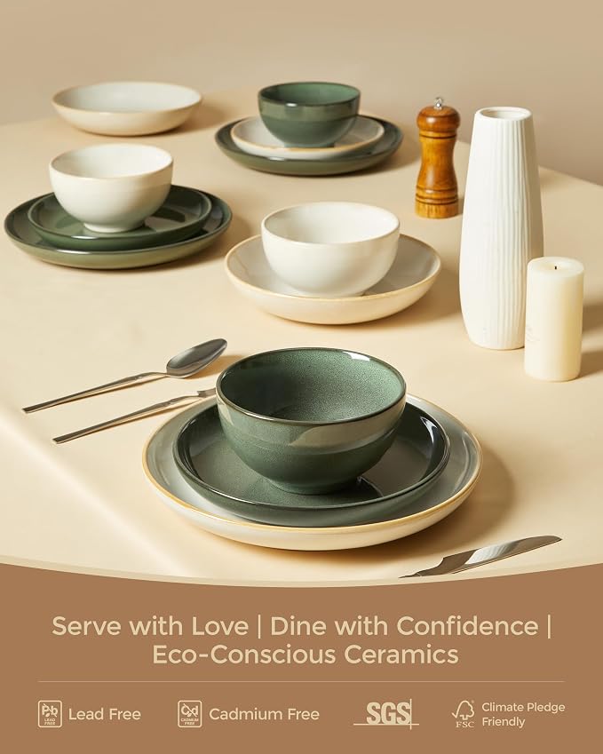 32 Piece Double Bowl Dinnerware Sets with Pasta Bowls, Highly Chip and Crack Resistant Plates and Bowls Sets, Natural Earthyware Ceramic Dishware Sets, Service for 8 Yellow White