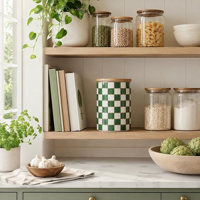 Kitchen Countertop Ceramic Checkered Canisters,Black And White Food Storage Containers With Lid,Airtight Kitchen Canisters for Flour, Sugar, Coffee, Tea, and Dry Goods (Green, XL)