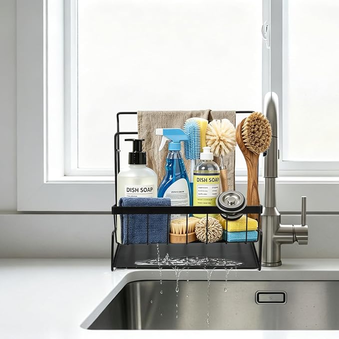 Sponge Holder for Kitchen Sink, Sink Caddy with Towel Bar & Wall Mount Hooks, Kitchen Organizer Storage Rack for Dish Sponge, Soap, Brush, Rustproof Stainless Steel, No Drilling Adhesive Design