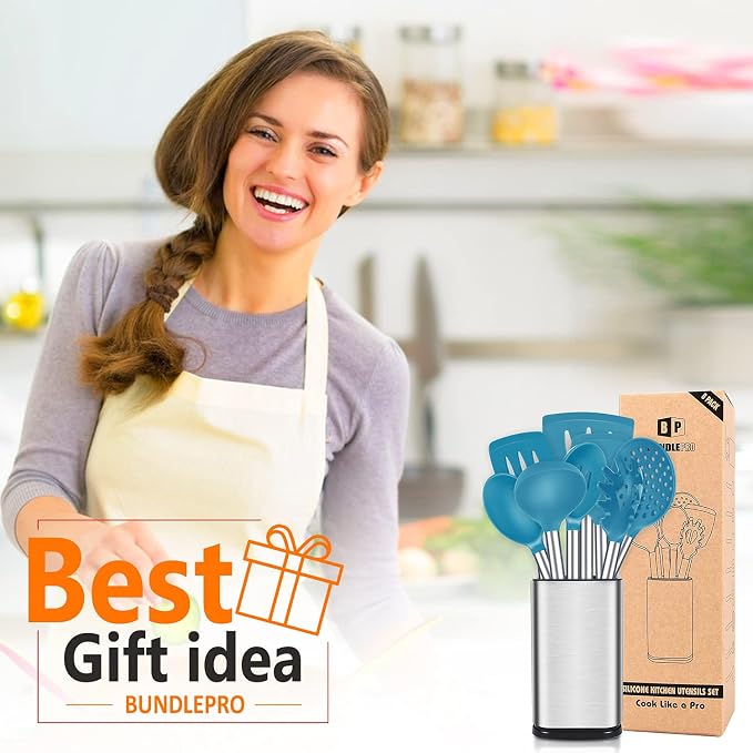 Silicone Cooking Utensils Set, 8 Pcs Kitchen Utensils with Holder, Blue | BPA Free and Heat Resistant, Kitchen Tools for Non Stick Cookware include Spatulas, Turners, Spoons, Skimmer and Pasta Fork