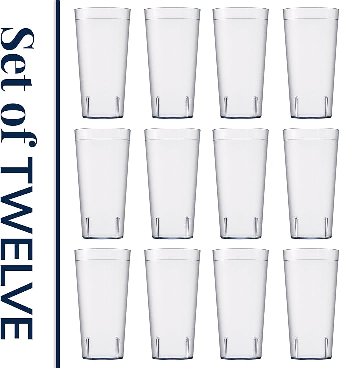 US Acrylic Cafe Plastic Reusable Tumblers, Clear, 32-Ounce, Set of 12 | Iced-Tea Cups, Restaurant Style, Stackable, BPA-Free, Made in USA
