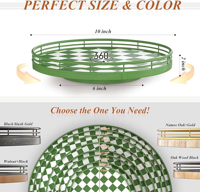 Green and White Checkerboard Lazy Susan with Rubberwood Base and Metal Rail | Smooth rotating oak tray with walnut finish for dining tables, kitchen counters, pantries and cabinet storage.