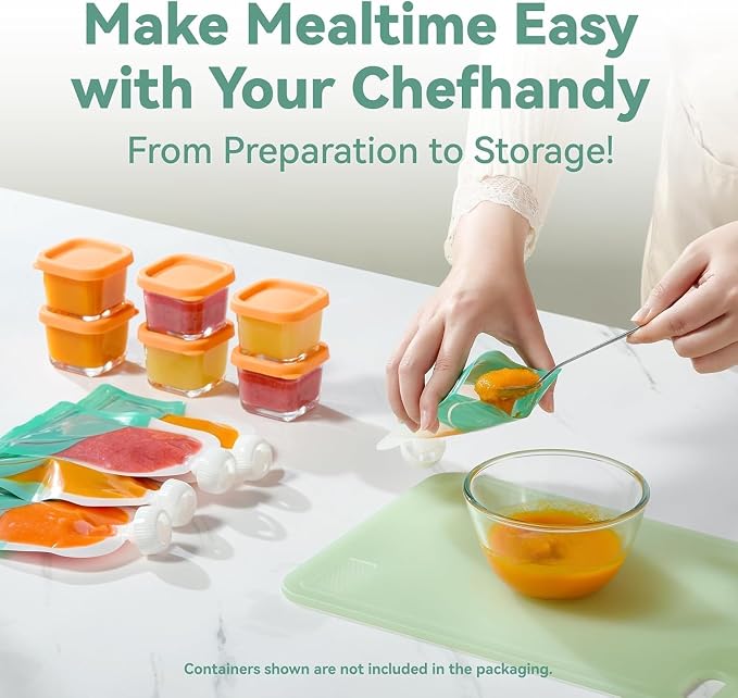 Chefhandy 5-in-1 Baby Food Maker with Stainless Steel Steam Basket, Green | One-step baby food processor with BPA-free food-contact parts, 6 reusable pouches, and recipe guide for homemade baby meals.