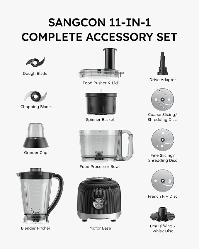 Sangcon Smoothie Blender and Food Processor Combo for Kitchen, 600W Vegetable Chopper with 2 x 8-Cup Bowls, 11-in-1 Food Chopper for Slicing, Shredding, Mixing, Purees & Dough, Shakes, BPA-Free