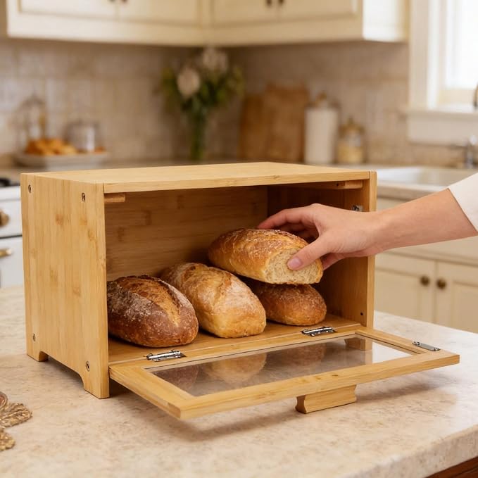 Bamboo Bread Box for Kitchen Countertop,Large Bread Storage Container with window,Modern Bread Storage Bin for Homemade Bread Organizer (Single Layer)