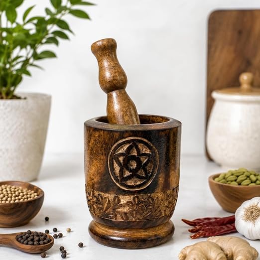 Handcrafted Wooden Mortar and Pestle Set, 7 Inch, Solid Wood Spice Grinder, Decorative Carved Herb Crusher for Kitchen, Seasonings, Garlic and Dry Ingredients