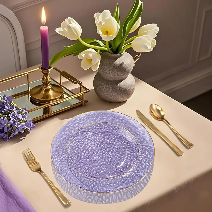 DaYammi 350 Pcs Clear Purple Gold Plastic Plates, Hammered Disposable Dinnerware, Clear Purple Plates Set Include 100 Plastic Platos, 150 Gold Disposable Silverware, 50 Cups And 50 Napkins for Party