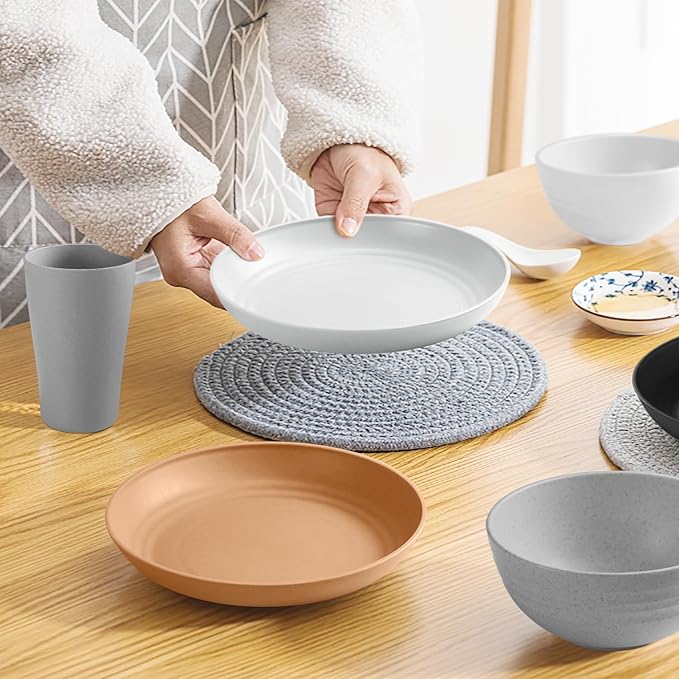 Teivio 32-Piece Plates and Bowls Sets for 8, Vintage Kitche Dinnerware Set | 13.5oz Cups, Rustic Life/Country plate set,Plastic Unbreakable Dish Set, Dishwasher, for Outdoor Camping RV Essentials