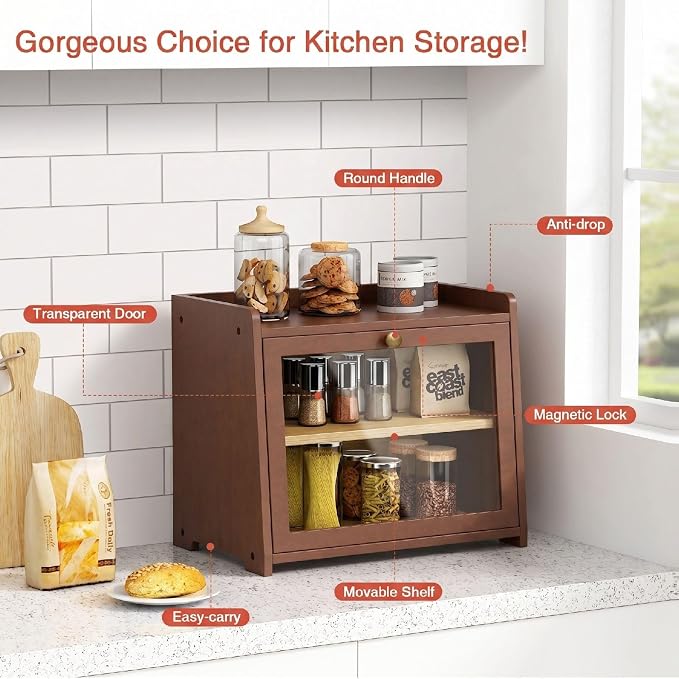 Goozii 2 Tier Bread Box for Kitchen Countertop, Double Layer Breadbox | Dark Brown Bamboo Wood | Storage Cabinet for Homemade Bread | Wooden Walnut