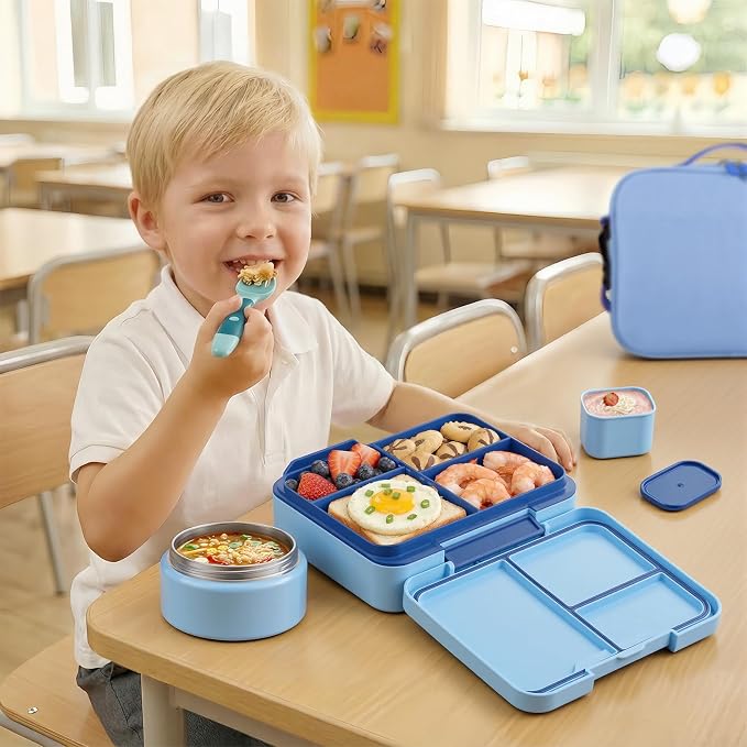 WyfKyd Bento Lunch Box Set with Soup Thermo Food Container for Kids Adults | Bento Box Set with 9.5oz Soup Thermo Kids Leak-proof Lunch Box Container with Insulated Hot Food Jar and Bag for School Blue