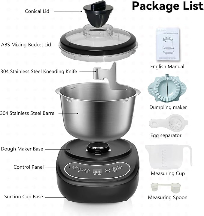 7L Electric Dough Mixer for Bread and Pizza Dough, Dough Maker Featuring a Ferment Function.304 Stainless Steel Whisk and a Top Small Window for Easy Add Water and Seasoning(Black)