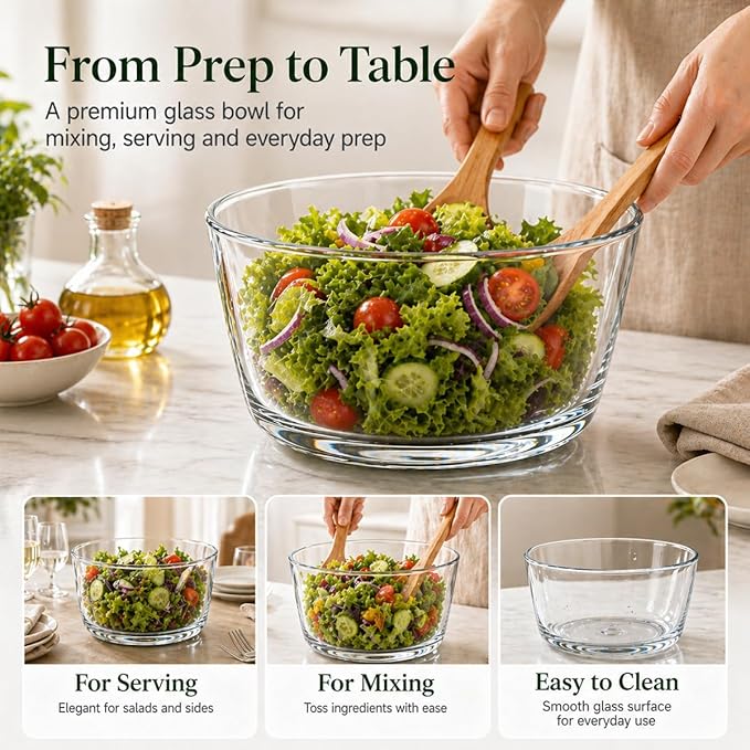 Large 5.2 Qt Glass Salad Spinner with Drain, Off-White | Microwave- and Dishwasher-Safe Glass Bowl, Transparent Lid, Crank Handle, Quick-Spin Salad Cleaner for Lettuce, Herbs Fruit