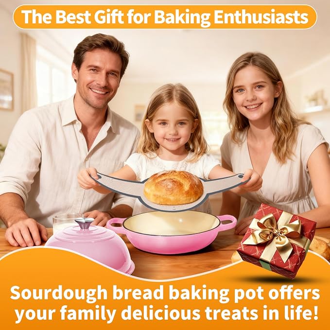 6QT Enameled Cast Iron Pink Dutch Oven For Sourdough Bread Baking | Dutch Oven Pot With Lid,Non-stick Sourdough Baking Pan with Bread Dome,Round Ceramic Dutch Oven Pot for Homemade