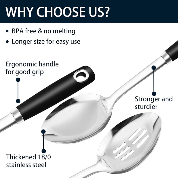 14-in Cooking Spoons Set, Heavy Duty 18/0 Stainless Steel Large Serving Spoons Set, Slotted Spoon, Cooking Spoon & Soup Ladle, Commercial and Residential Use, Pack of 3