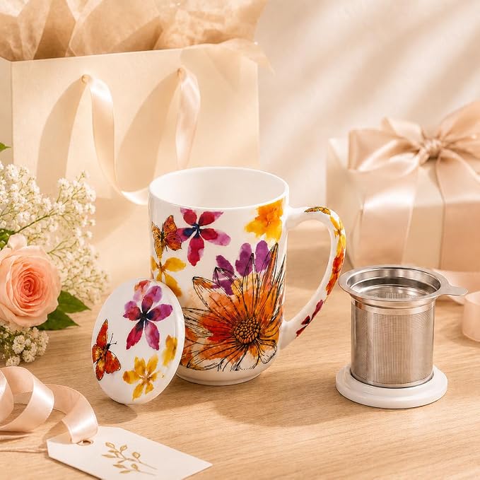 GBhome Tea Mug with Infuser and Lid,18 Ounce Ceramic Loose Leaf Cup Steeper | Lead-Free Glaze For Tea Lovers,Microwave & Dishwasher Safe with Tea Strainer
