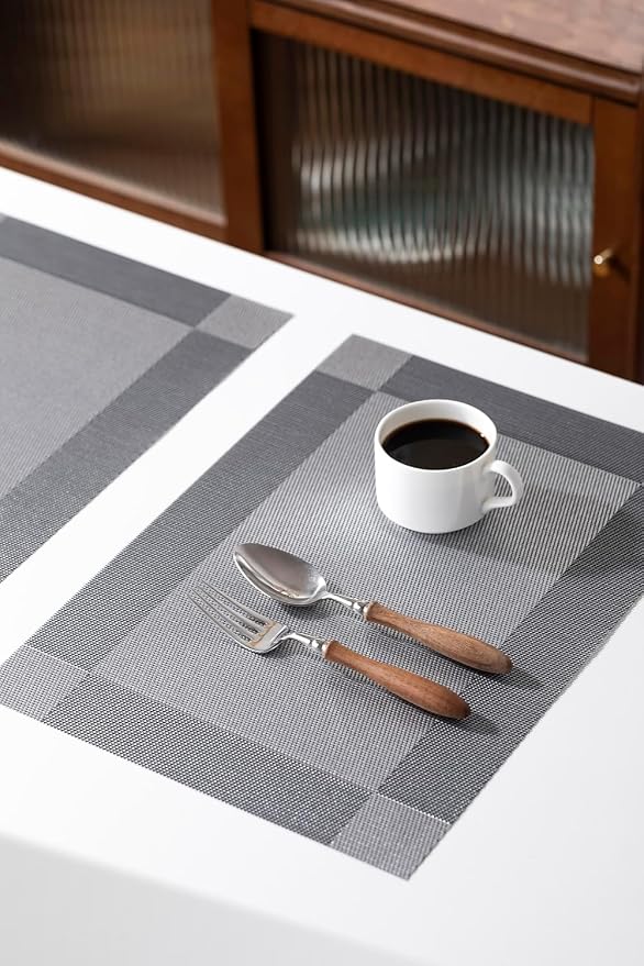 LEXMORE PlaceMats Set of 12 Vinyl/Plastic Woven Place Mats for Kitchen Table Indoor/Outdoor Washable PlaceMat Wipeable Dining Table Mats(Silver Cube)