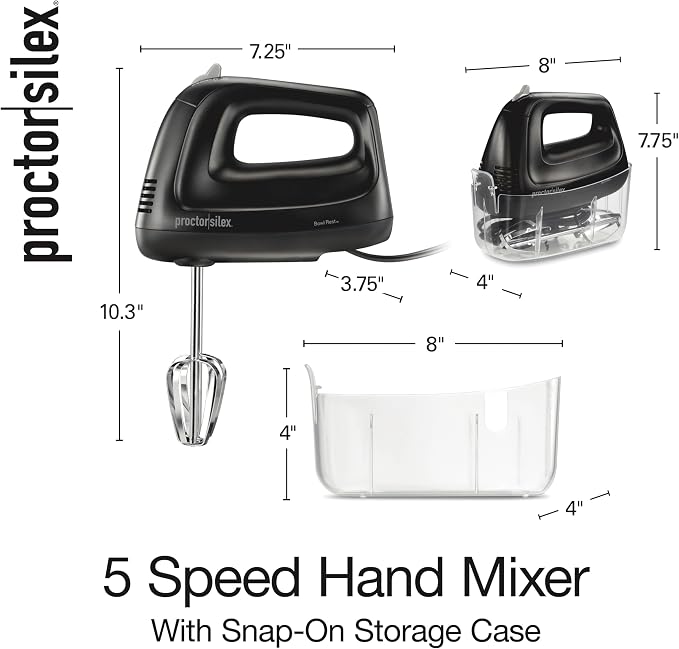 Proctor Silex Easy Mix 5-Speed Electric Hand Mixer with Bowl Rest | Compact and Lightweight | 215 Watts of Peak Power | Snap-On Storage Case | Black | 62512