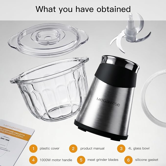 MEGAWISE Electric Food Processor, 1000W Meat Grinder & Vegetable Chopper with 4L Thick Glass Bowl, 4 Blades and Dual-Speed Food Chopper for Meat, Vegetables, Fruits, Nuts, and Baby Food