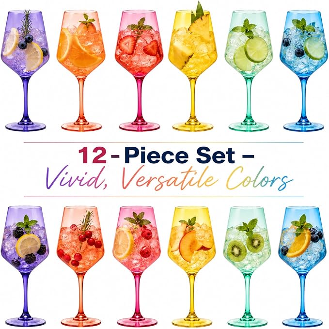 European Style Plastic Crystal Unbreakable Stemmed Wine Glasses | Set of 12 | Acrylic Glasses Tritan Bright Colors Shatterproof BPA-free, Outdoor, Pool, Indoor, Hand Wash 17oz Gift, Everyday & Holiday