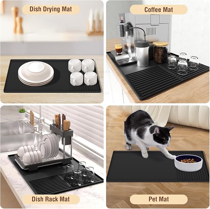 Silicone Coffee Mat with Raised Edges, 20'' X 12'', Bar Mat for Countertops, Accessories Fit Under Coffee Maker Espresso Machine, Dish Drying Mat (BLACK)
