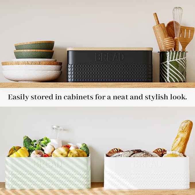 Bread Box for Kitchen Countertop - Metal Bread Storage with Bamboo Cutting Board Lid & Bread Knife, Corner Bread Container for Homemade Bread and Toast, White