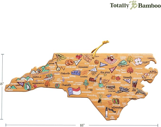 Totally Bamboo North Carolina State Shaped Cutting Board, Art by Fish Kiss | State charcuterie board with colorful hand-drawn map artwork. Smooth reverse side for food prep. Hang tie for wall display.