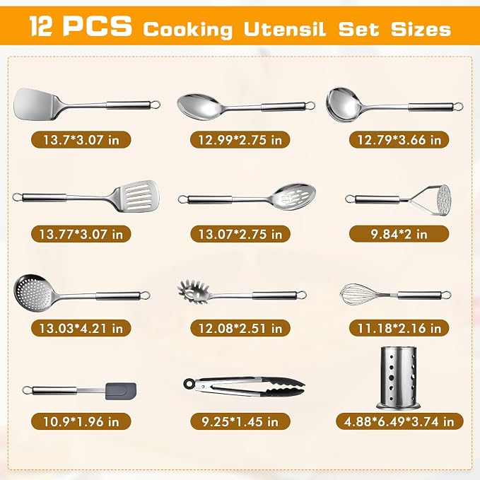 12 Pcs Stainless Steel Cooking Utensils Set, Metal Kitchen Tools Include Utensil Holder, Solid & Slotted Spatula, Spoon, Ladle, Pasta Server, Potato Maseher, Egg Whisk,Cooking Tong, Flexible Spatula