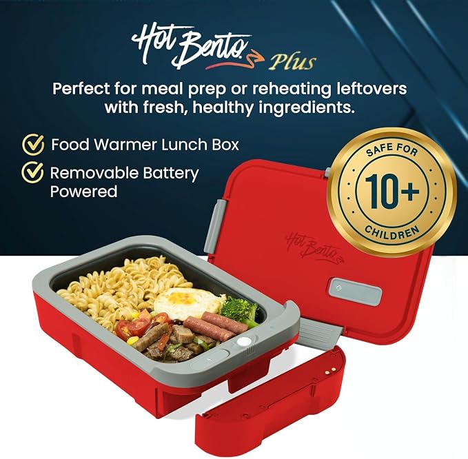 PLUS Self-Heated Cordless Lunch Box & Food Warmer, Ruby | Removable Battery Powered, Child Safe, Portable & Compact, Ideal for Travel, Jobsite, Picnics, School & Outdoor Recreation