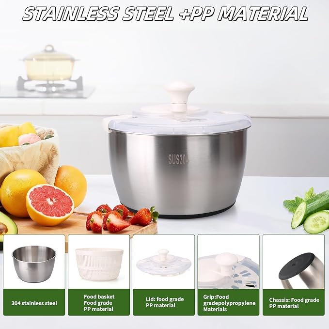 Salad Spinner Drainable Quick Spin Fruit Vegetable Dryer | 5.3 quart large capacity stainless steel multifunctional colander washer with drain outlet to clean fruits quickly