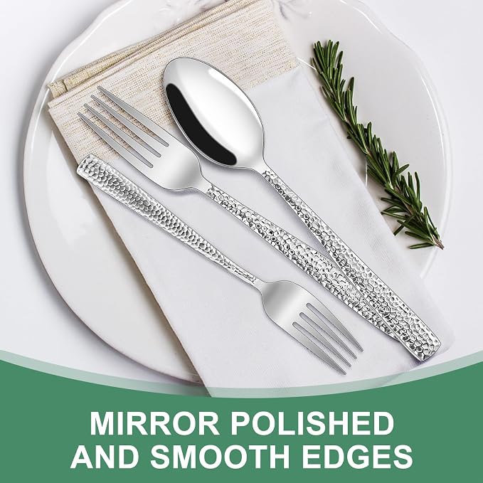 Hammered Silverware Set, 40-Piece Stainless Steel Wave Flatware Set for 8, Food-Grade Tableware Cutlery Set, Utensil Sets for Home Restaurant, Mirror Finish, Dishwasher Safe
