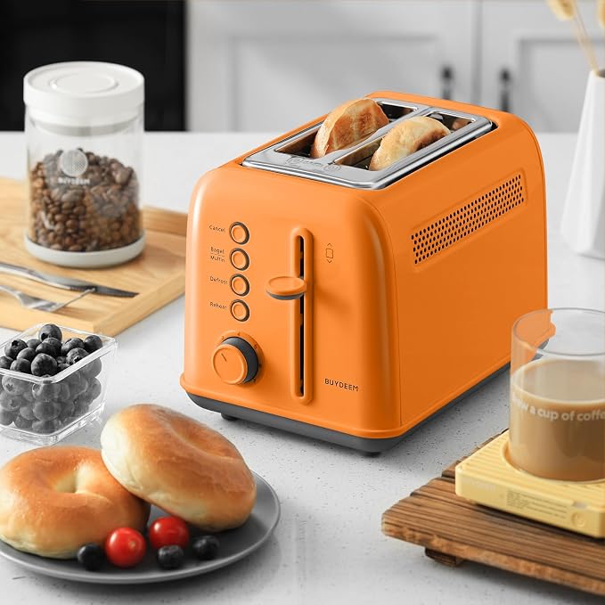 BUYDEEM DT620 2-Slice Toaster, 7 Shade Settings, Extra Wide 1.5'' Slots for Bagel & English Muffin, 6 Toasting Functions, Retro Stainless Steel Toaster with High Lift Lever, Orange