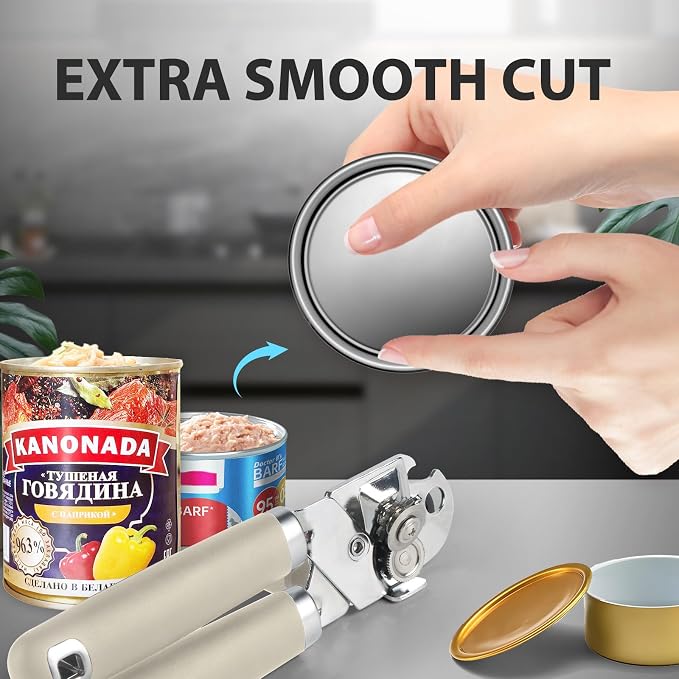 Safring Can Opener Manual, Heavy Duty Handheld Strong Can Opener with Soft Touch Handle, Sharp Blade Smooth Edge, Can Openers with Multifunctional Bottle Opener, Beige