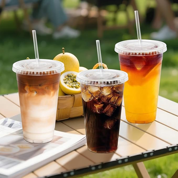 Clawsoff 500 Pack 20 oz Disposable Clear Plastic Cups with Lids and Straws | Leak-Proof Sturdy Cold Drink Cups for Iced Coffee, Smoothies, Juice, Parties & Business