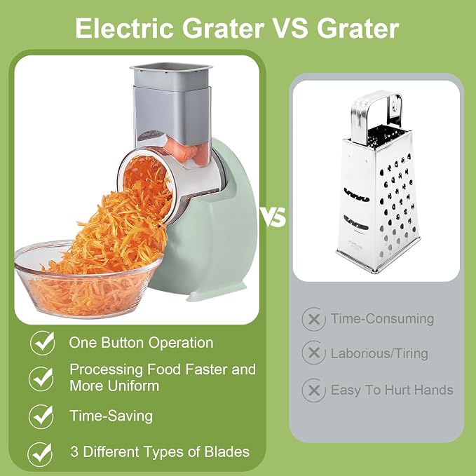 Electric Cheese Grater for Block Cheese,Home Kitchen Electric Grater | 3 Interchangeable Blades,One-Touch Control,Safety Push Bar,Salad Shooter Electric Slicer & Shredder for Veggies Fruits Nuts