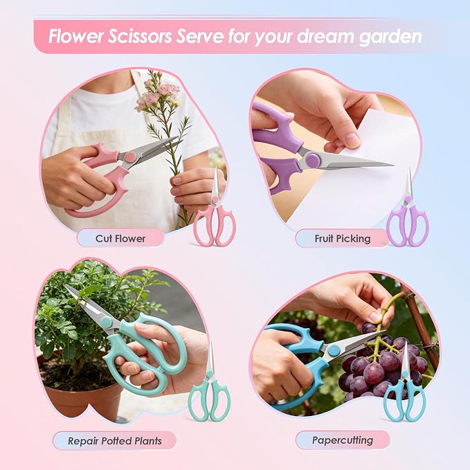 4PCS Flower Scissors, Stainless Steel Garden Shears (Slender) | Garden Floral Scissors with Comfort Grip Handle, Perfect for Arranging Flowers, Pruning, Trimming Plants, Gardening Tool