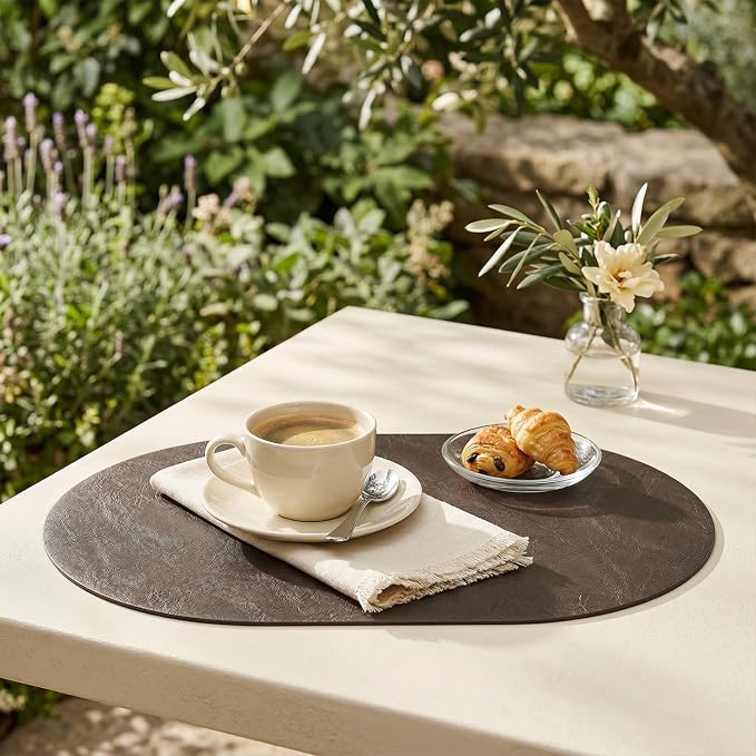 Artoid Mode Coffee Brown Faux Leather Oval Placemats Set of 6, 12 x 18 Inch Waterproof Wipeable Heat Resistant Vinyl Place Mats, Reversible Table Mats for Kitchen Dining Decor