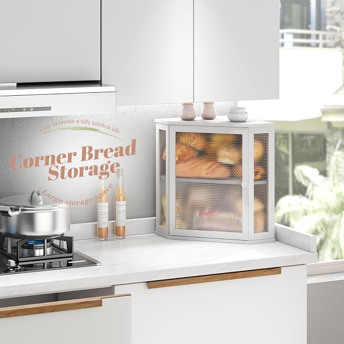 STDDRE Corner Bread Box Kitchen Countertop Extra Large Capacity Farmhouse Bread Box, Corner Countertop Storage, Double Layer Bread Holder (White, Extra Large)