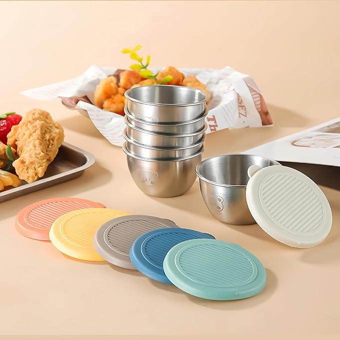 6 Pack 2.7oz Leakproof Salad Dressing Containers To Go, Reusable Stainless Steel Sauce Cups with Colorful Silicone Lids, BPA-Free Small Condiment Containers for Lunch Bento, Picnic & Travel, 80ml