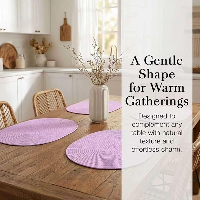 Placemats Set of 6, Woven Oval Braided Dining Table Mats(Lavender Purple) | 12 x 17.5 Inch Size Fits Plates and Flatware; Hand Washable and Heat Resistant for Kitchen Use, with Farmhouse and Boho Style