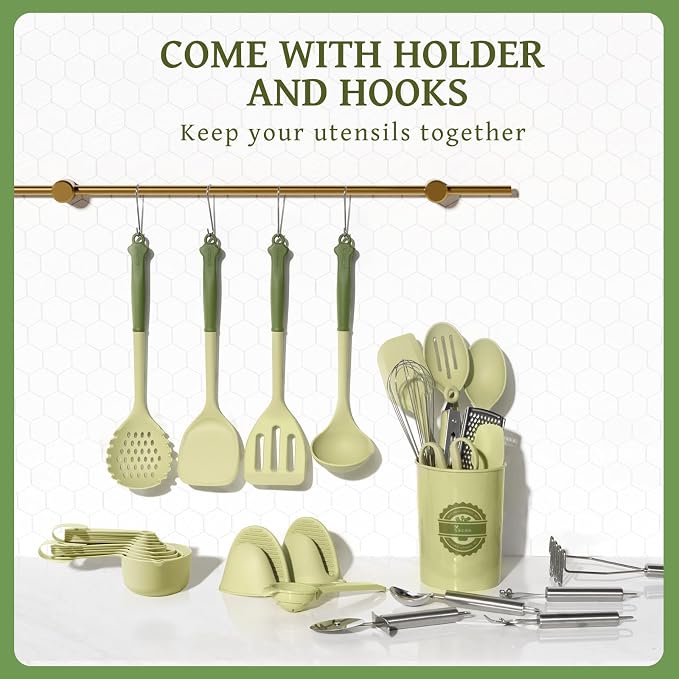 Kikcoin 43 PCS Silicone Kitchen Utensils Set, Dishwasher Safe Kitchen Cooking Utensils Set, 446°F Spatulas Silicone Heat Resistant, Non Toxic Silicone Utensils Set With Two-Tone Grip Handles, Green